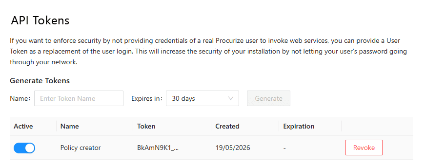 API tokens page