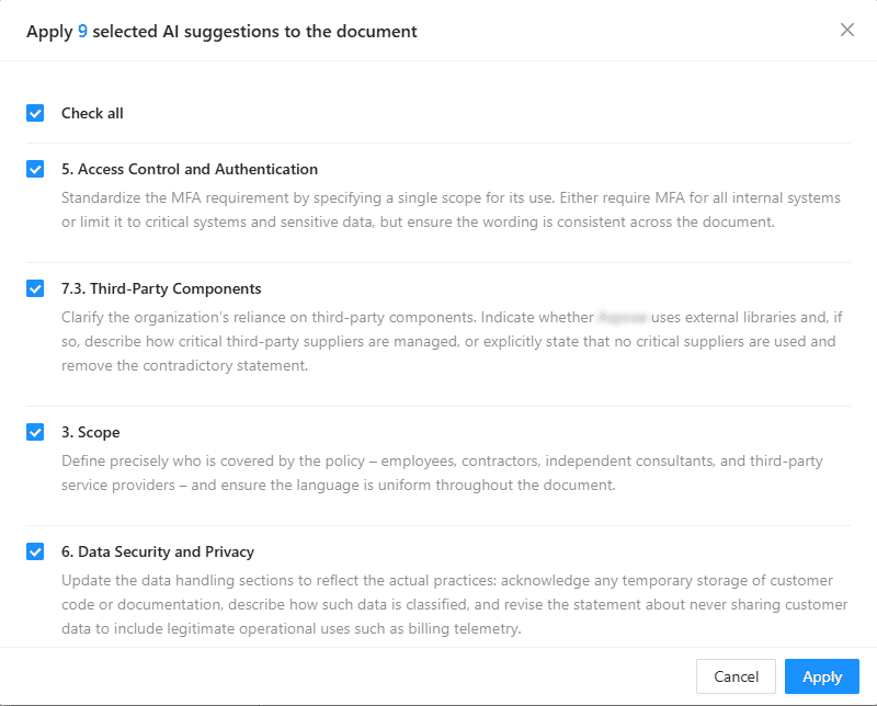 Apply AI Suggestions dialog