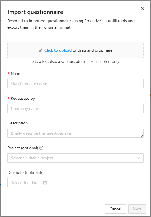 Import questionnaire dialog