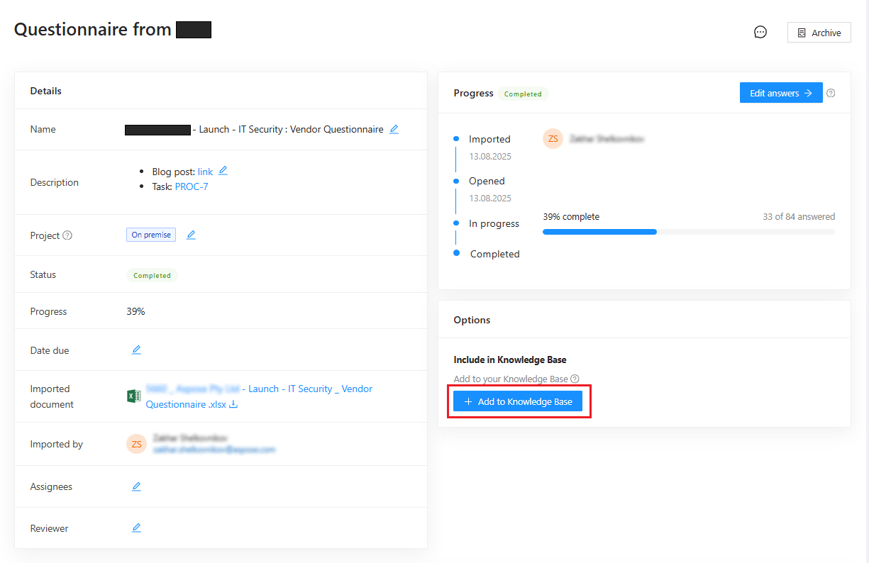 Questionnaire main page with the “Add to Knowledge Base” actione
